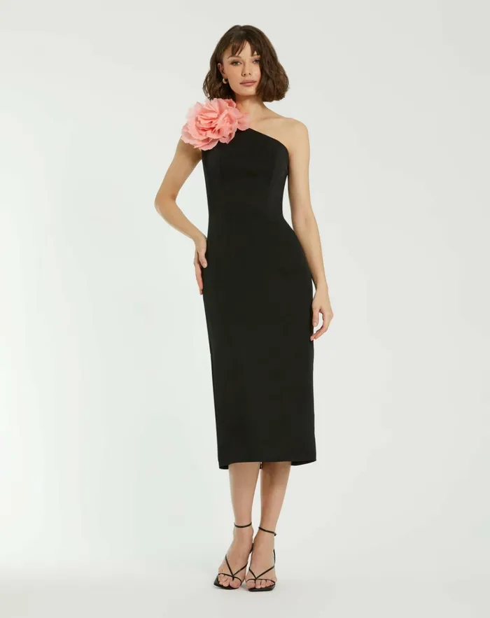 Women Daytime Dresses Mac Duggal Crepe One Shoulder Midi Dress With Flower Black