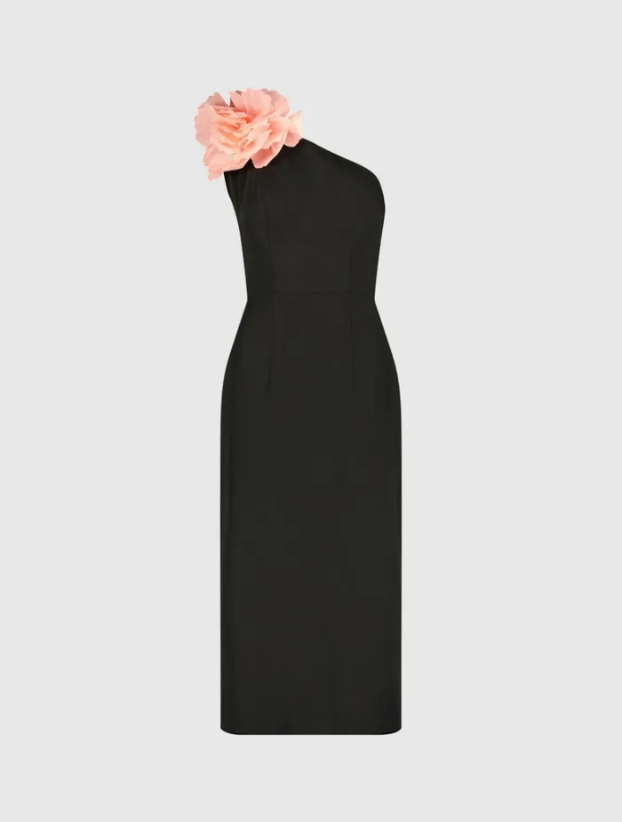 Women Daytime Dresses Mac Duggal Crepe One Shoulder Midi Dress With Flower Black