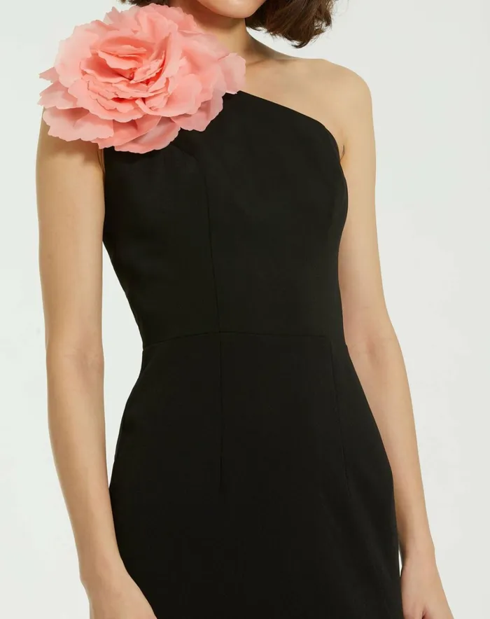 Women Daytime Dresses Mac Duggal Crepe One Shoulder Midi Dress With Flower Black