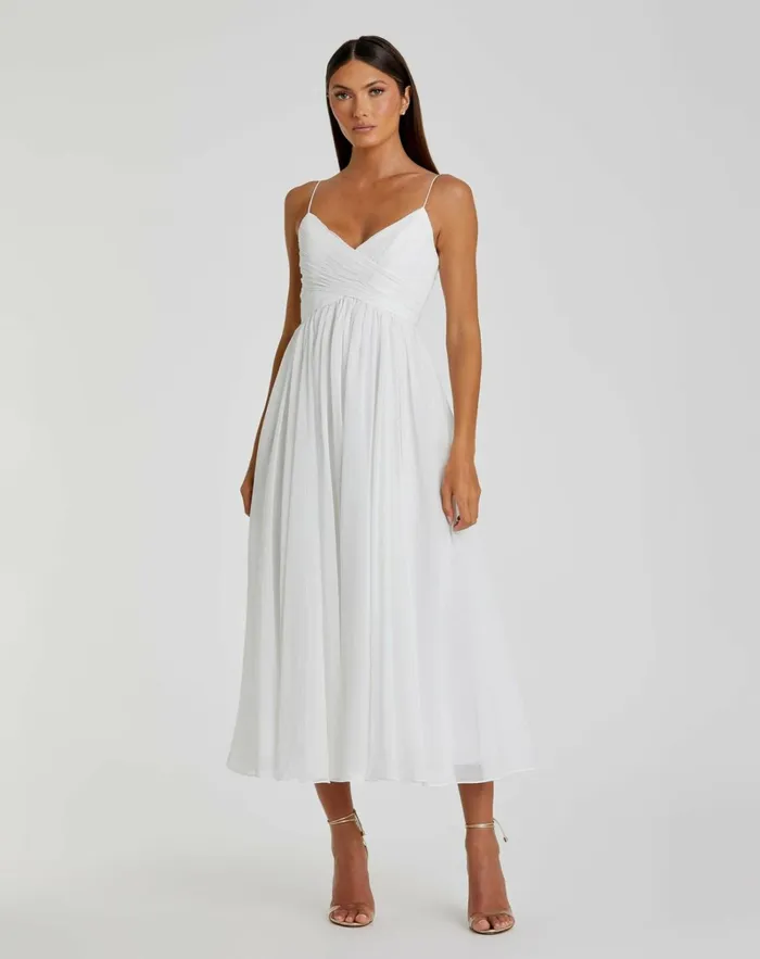 Women Daytime Dresses Mac Duggal Faux Wrap Sleeveless Flowy Midi Dress White