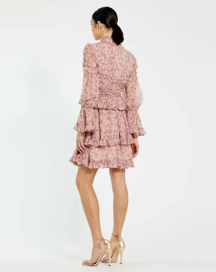 Women Daytime Dresses Mac Duggal Long Sleeve Open Front High Neck Ruffle Mini Dress Cinnamon