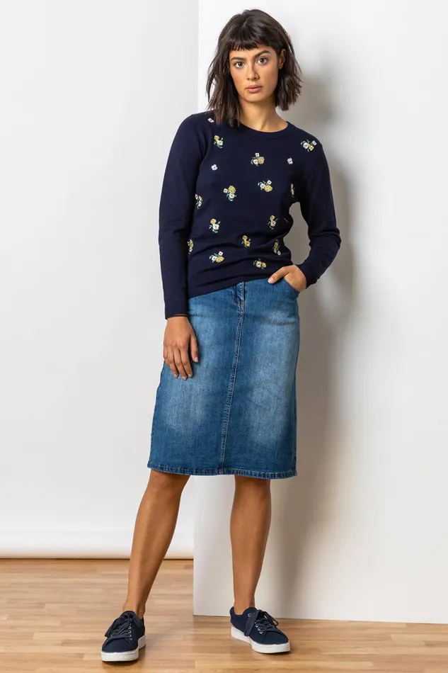 Women Denim Cotton Denim Stretch A Line Skirt Roman Coords
