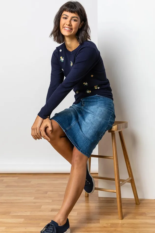 Women Denim Cotton Denim Stretch A Line Skirt Roman Coords