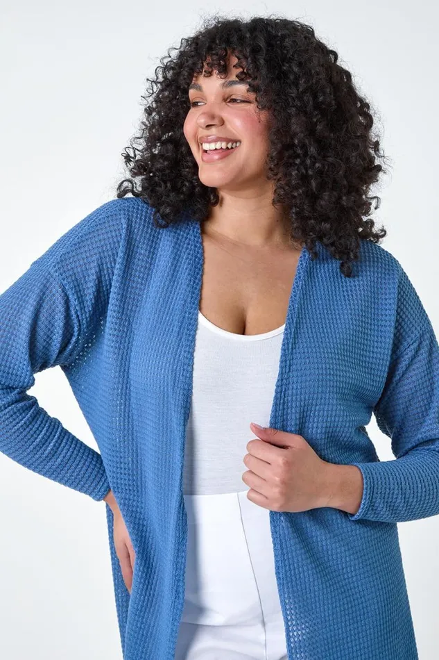 Women Denim Curve Textured Longline Cardigan Roman Knitwear