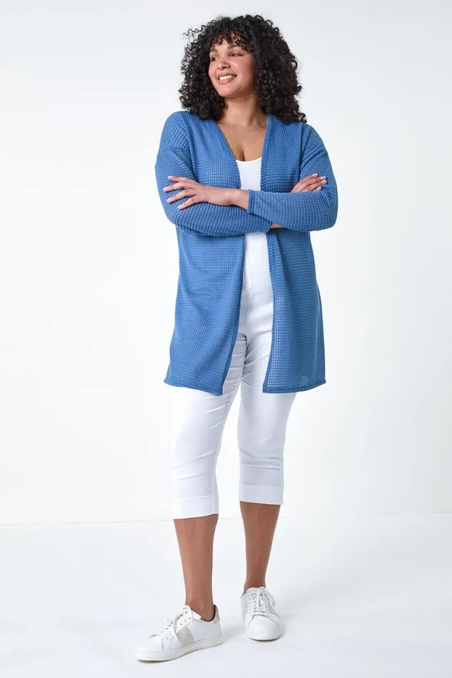 Women Denim Curve Textured Longline Cardigan Roman Knitwear