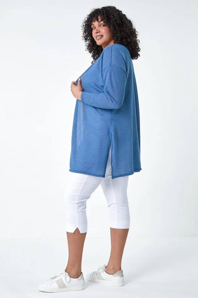 Women Denim Curve Textured Longline Cardigan Roman Knitwear