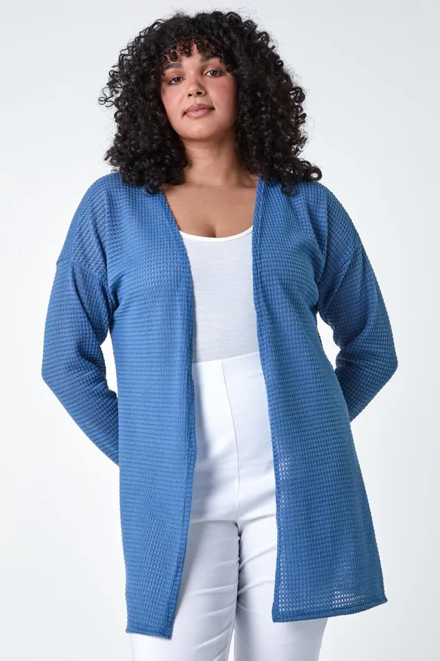 Women Denim Curve Textured Longline Cardigan Roman Knitwear