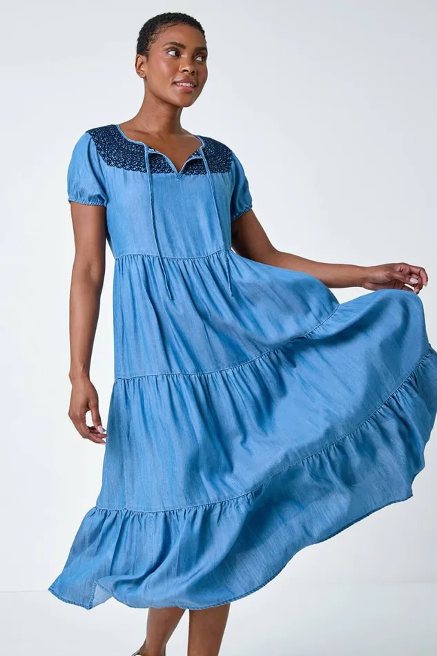 Women Denim Denim Lace Detail Midi Smock Dress Roman Dresses