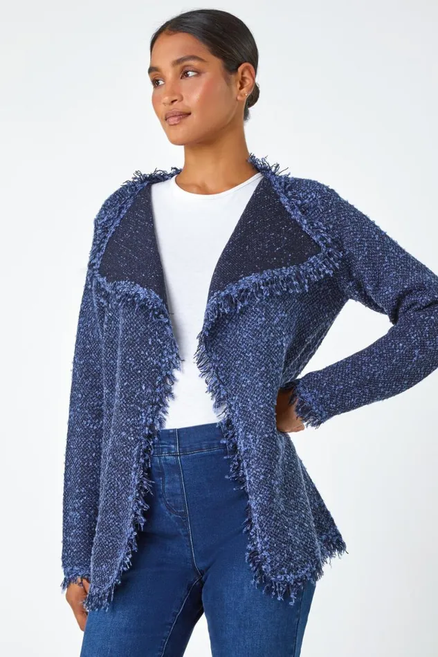 Women Denim Fringed Boucle Contrast Cardigan Roman Knitwear