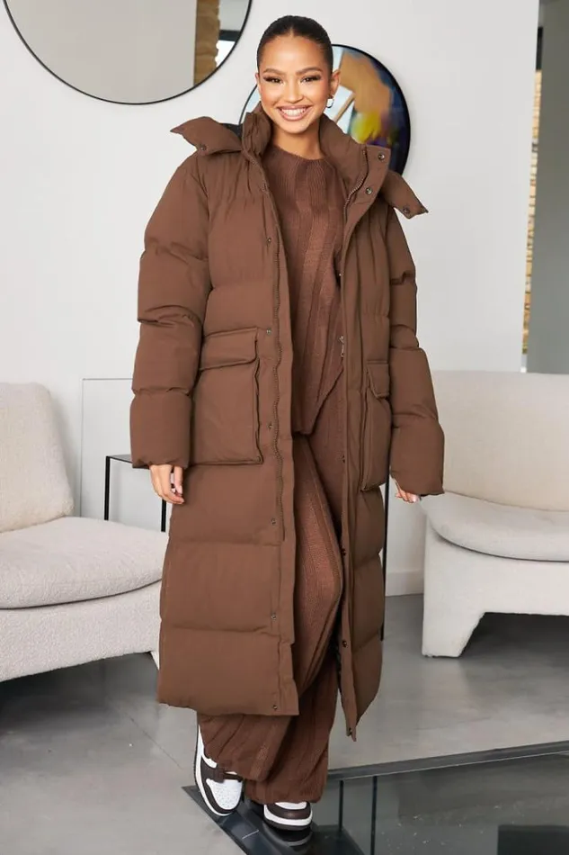 Women Doudoune Matelasse Longue Marron Capuche Brown Brentiny Paris Parkas And Down Jackets