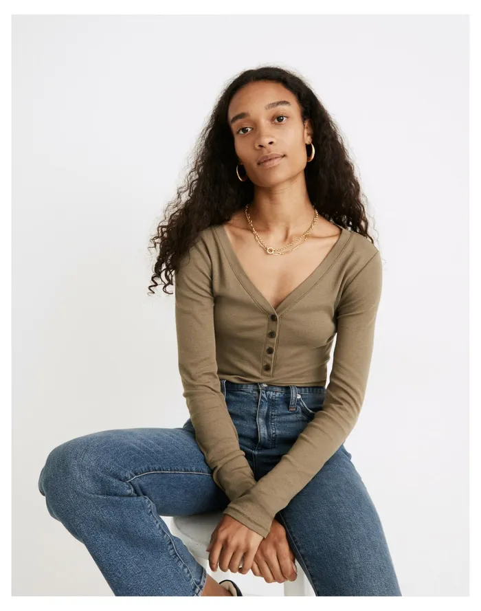 Women Drapey Rib Henley Tee Distant Surplus Madewell Tees