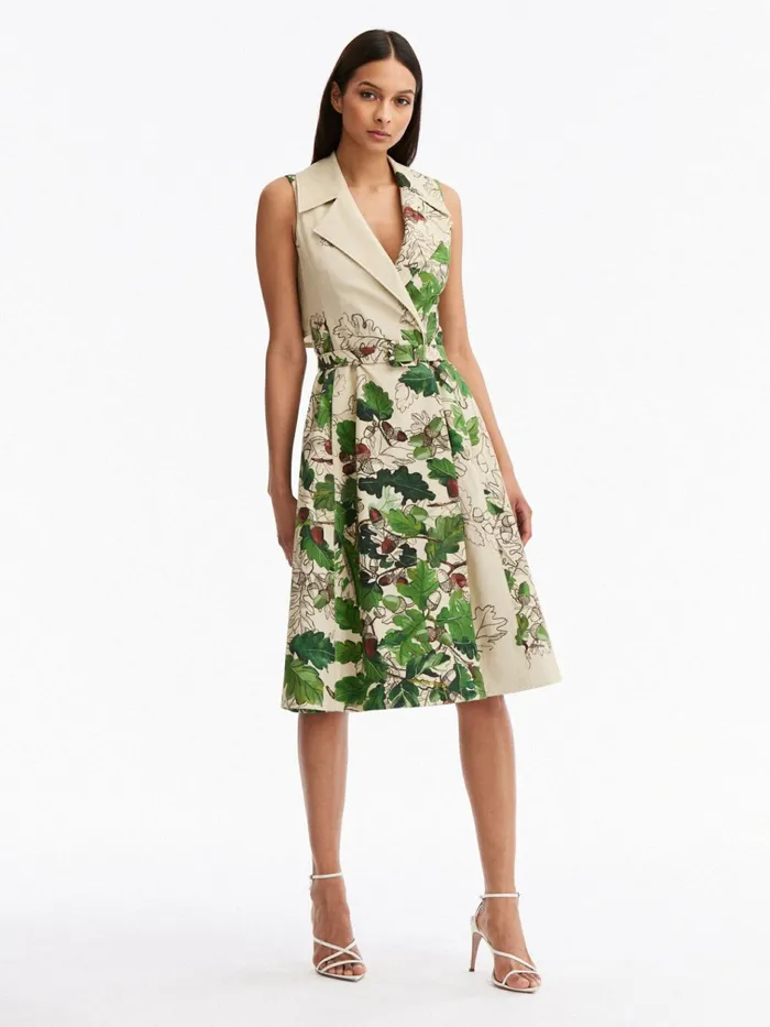 Women Dresses Oscar De La Renta Sleeveless Sketched Acorn Twill Wrap Dress Greenkhaki