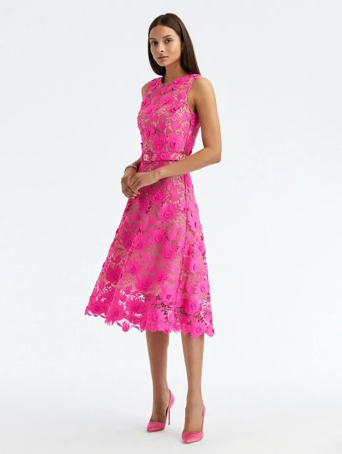 Women Dresses Oscar De La Renta Sleeveless Water Lily Guipure Dress Fuchsia