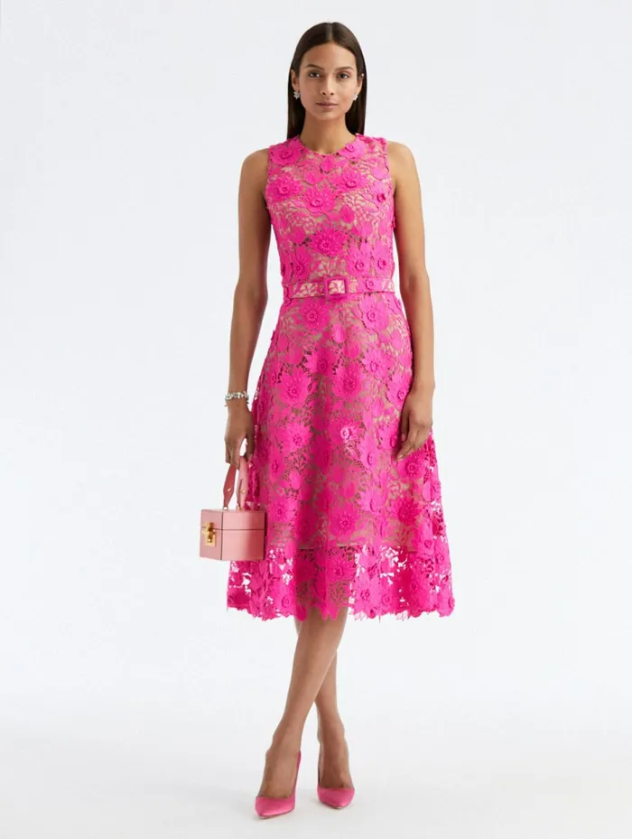 Women Dresses Oscar De La Renta Sleeveless Water Lily Guipure Dress Fuchsia