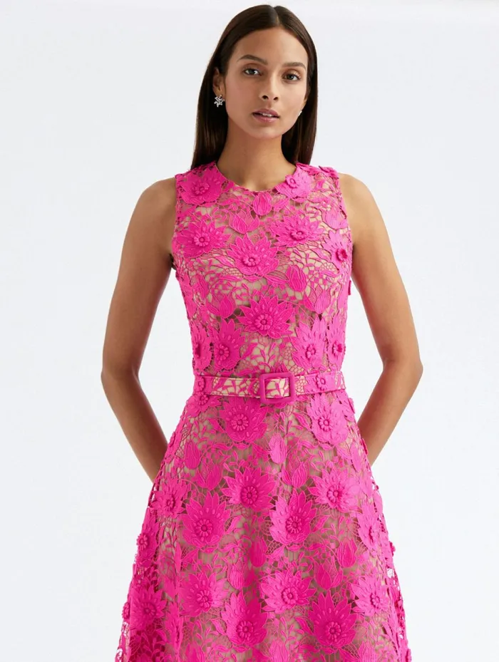 Women Dresses Oscar De La Renta Sleeveless Water Lily Guipure Dress Fuchsia