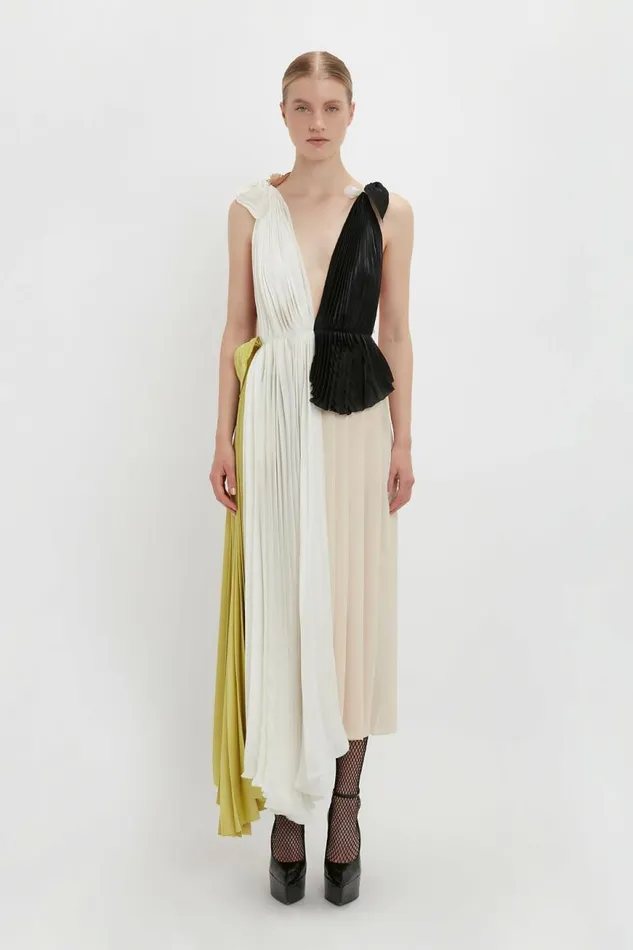 Women Dresses Victoria Beckham Asymmetric Pleated VNeck Dress In IvoryMulti