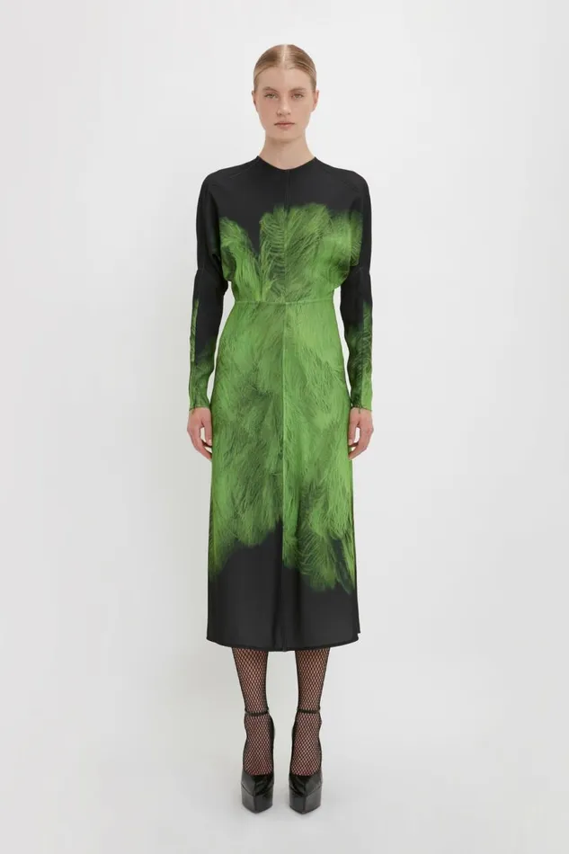 Women Dresses Victoria Beckham Dolman Midi Dress In Green Digital Feather Print