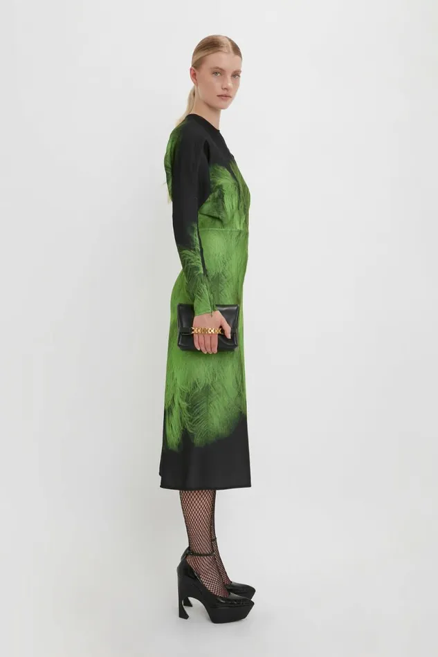 Women Dresses Victoria Beckham Dolman Midi Dress In Green Digital Feather Print