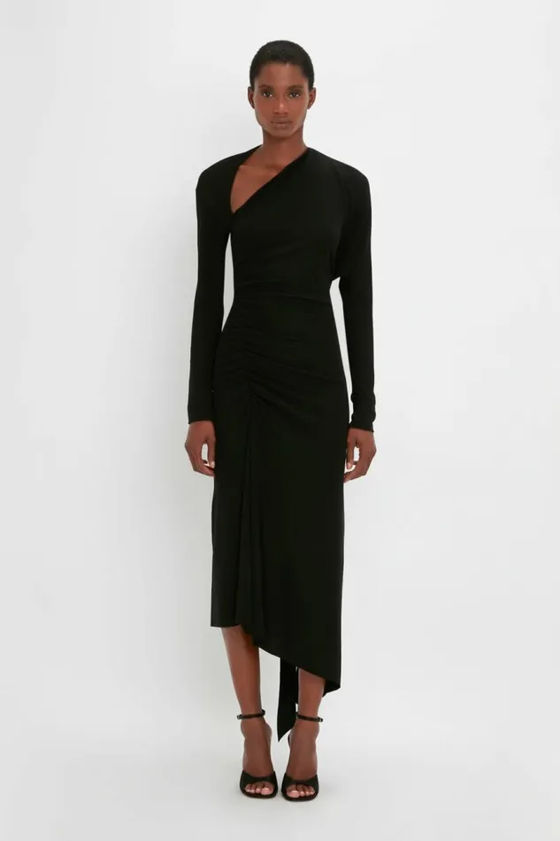 Women Dresses Victoria Beckham SlashNeck Ruched Midi Dress In Black