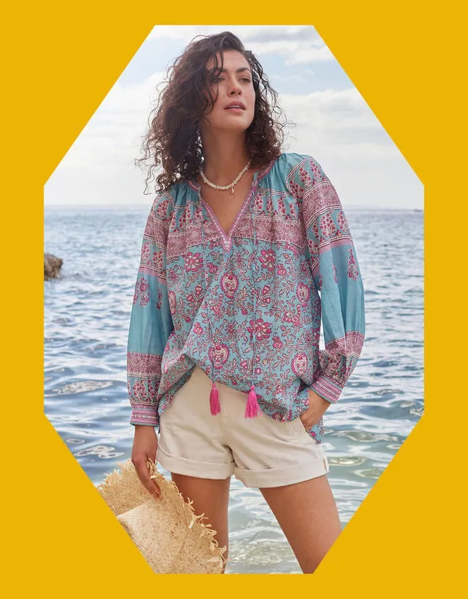 Women East Print Tie Neck Blouse Blue Monsoon Tops and Blouses