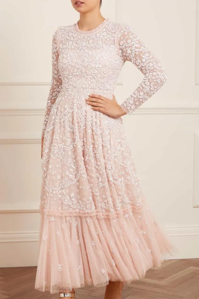 Women Embellished Dresses Needle and Thread Alina Sequin Ankle Gown Pink