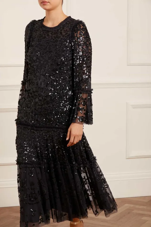 Women Embellished Dresses Needle and Thread Annie Sequin Tiered Ankle Gown Black