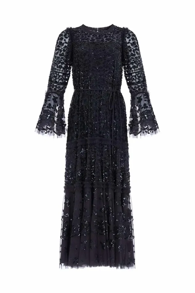 Women Embellished Dresses Needle and Thread Annie Sequin Tiered Ankle Gown Black