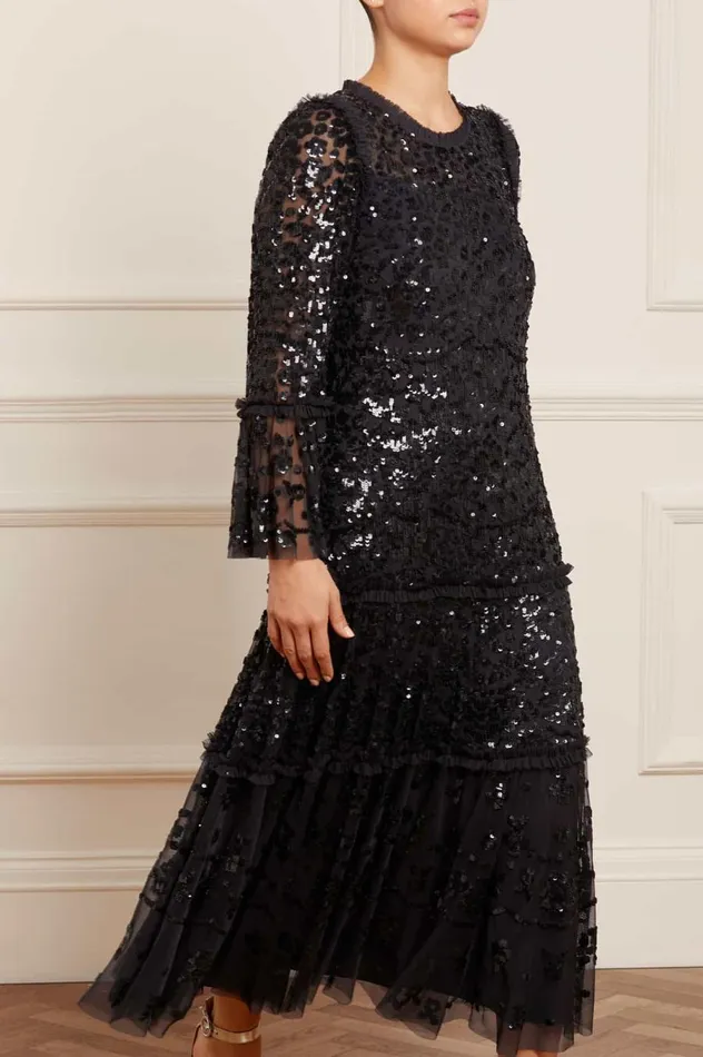 Women Embellished Dresses Needle and Thread Annie Sequin Tiered Ankle Gown Black