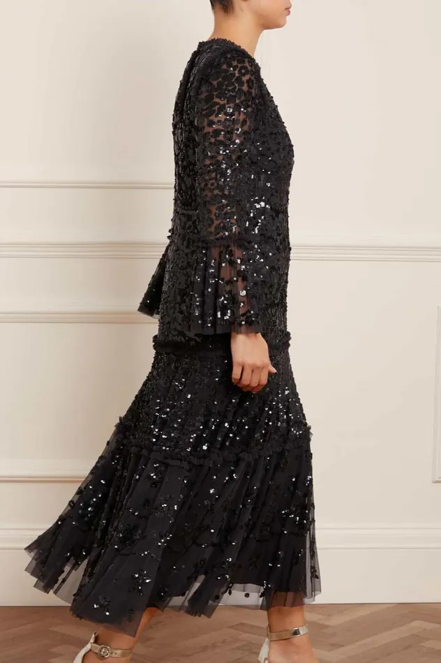 Women Embellished Dresses Needle and Thread Annie Sequin Tiered Ankle Gown Black