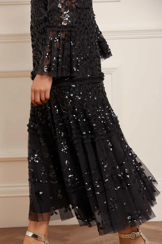 Women Embellished Dresses Needle and Thread Annie Sequin Tiered Ankle Gown Black