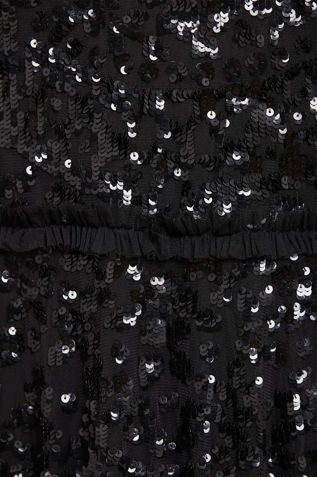 Women Embellished Dresses Needle and Thread Annie Sequin Tiered Ankle Gown Black