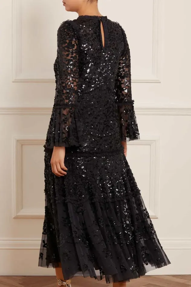 Women Embellished Dresses Needle and Thread Annie Sequin Tiered Ankle Gown Black