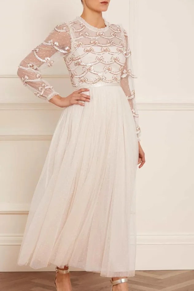 Women Embellished Dresses Needle and Thread Bow Sequin Bodice Ankle Gown Champagne