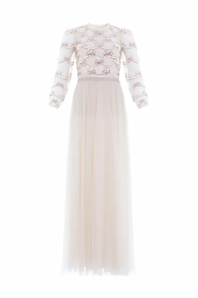 Women Embellished Dresses Needle and Thread Bow Sequin Bodice Ankle Gown Champagne Women Embellished Dresses Needle and Thread Bow Sequin Bodice Ankle Gown Champagne