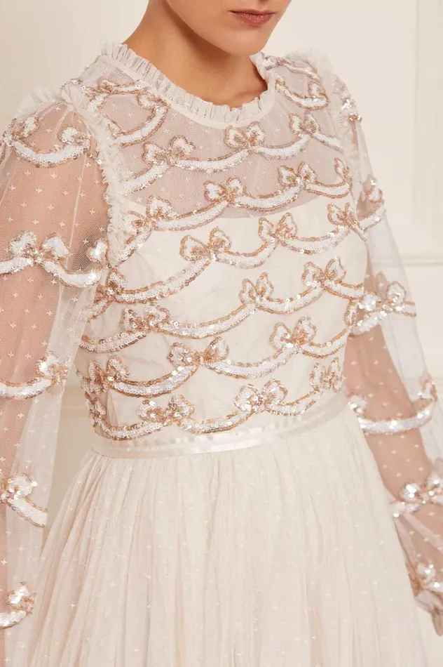 Women Embellished Dresses Needle and Thread Bow Sequin Bodice Ankle Gown Champagne Women Embellished Dresses Needle and Thread Bow Sequin Bodice Ankle Gown Champagne
