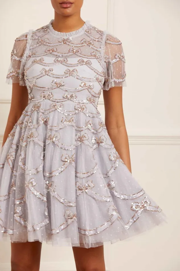 Women Embellished Dresses Needle and Thread Bow Sequin Short Sleeve Mini Dress Blue