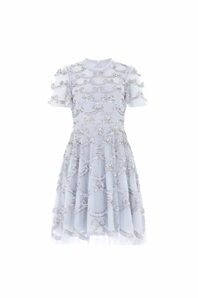 Women Embellished Dresses Needle and Thread Bow Sequin Short Sleeve Mini Dress Blue Women Embellished Dresses Needle and Thread Bow Sequin Short Sleeve Mini Dress Blue