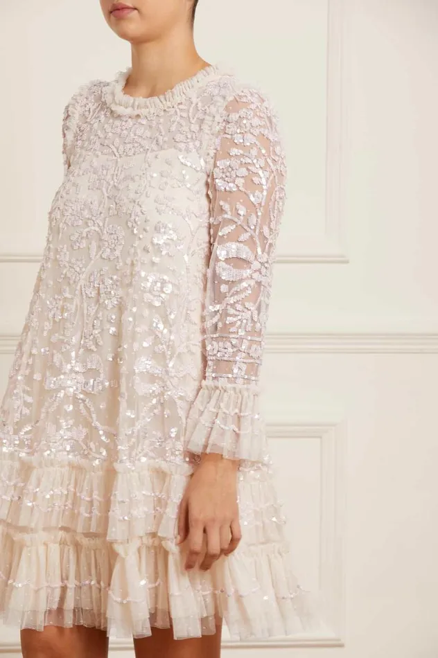 Women Embellished Dresses Needle and Thread Celia Long Sleeve Mini Dress Champagne