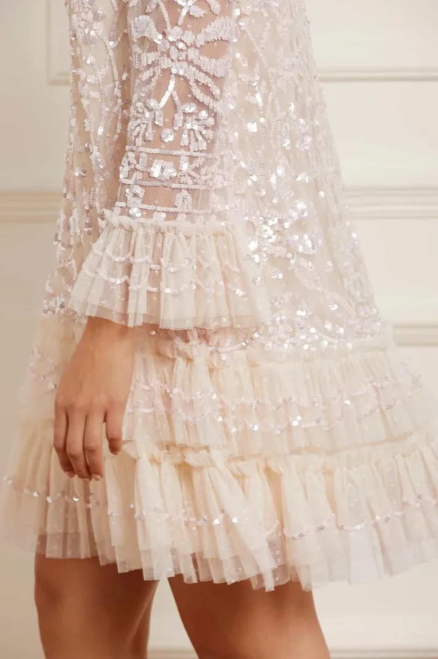 Women Embellished Dresses Needle and Thread Celia Long Sleeve Mini Dress Champagne