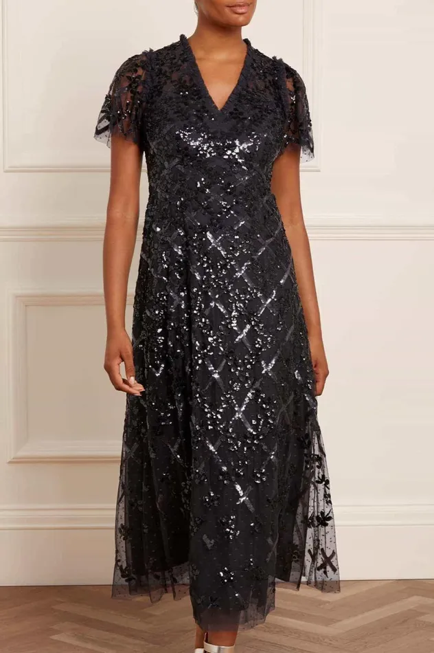 Women Embellished Dresses Needle and Thread Garden Lattice Ankle Gown Black