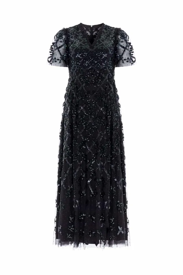 Women Embellished Dresses Needle and Thread Garden Lattice Ankle Gown Black