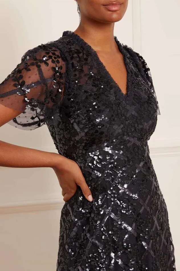 Women Embellished Dresses Needle and Thread Garden Lattice Ankle Gown Black