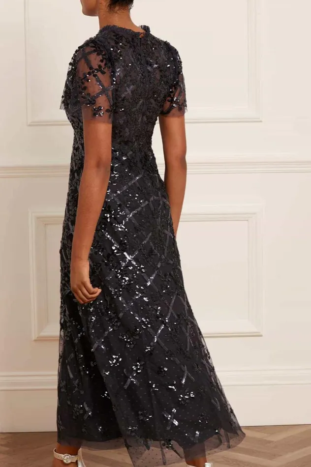 Women Embellished Dresses Needle and Thread Garden Lattice Ankle Gown Black