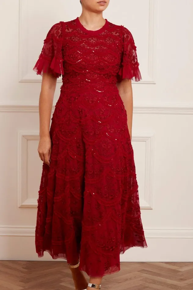 Women Embellished Dresses Needle and Thread Lily Bloom Ankle Gown Red