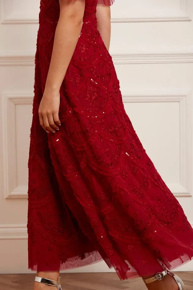 Women Embellished Dresses Needle and Thread Lily Bloom Ankle Gown Red