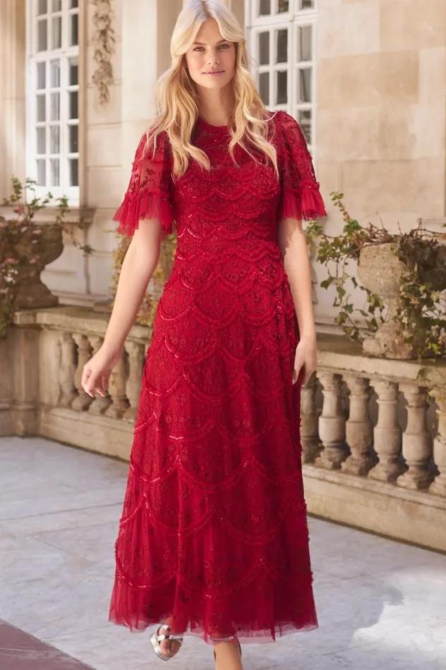 Women Embellished Dresses Needle and Thread Lily Bloom Ankle Gown Red