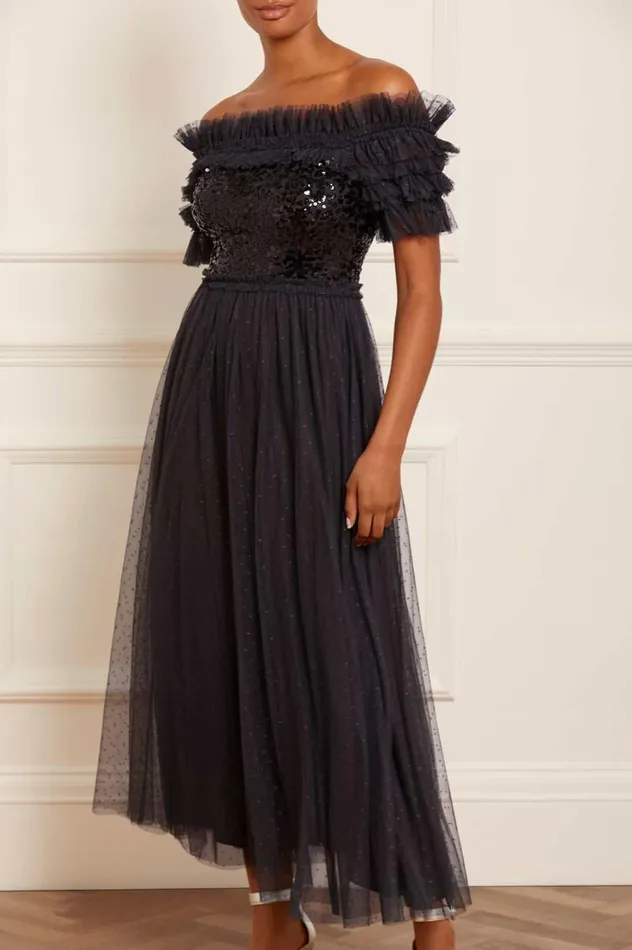 Women Embellished Dresses Needle and Thread Sequin Wreath Bodice OffShoulder Ankle Gown Black