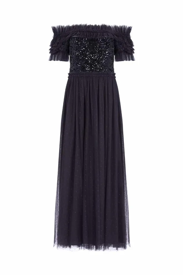 Women Embellished Dresses Needle and Thread Sequin Wreath Bodice OffShoulder Ankle Gown Black
