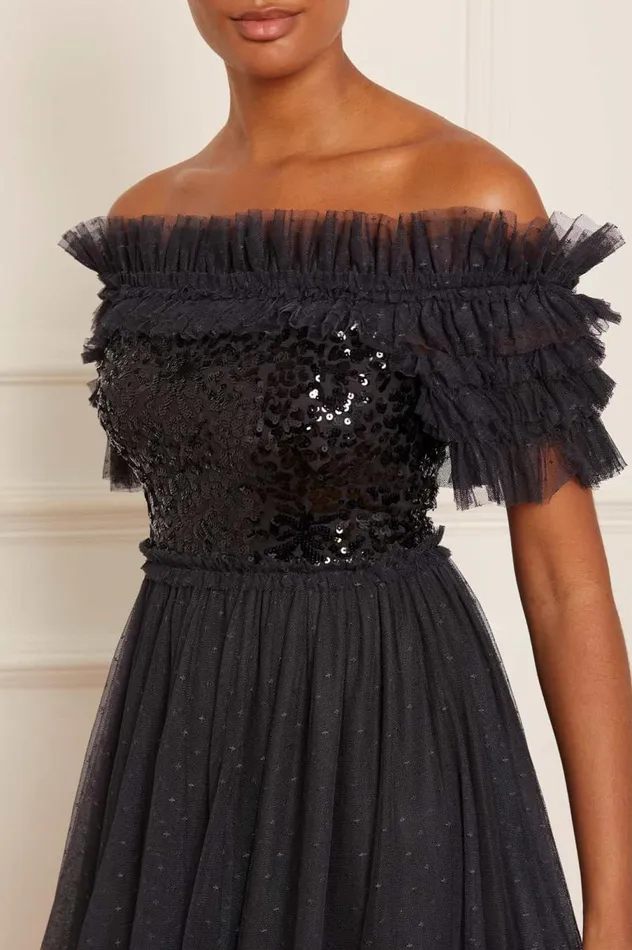 Women Embellished Dresses Needle and Thread Sequin Wreath Bodice OffShoulder Ankle Gown Black