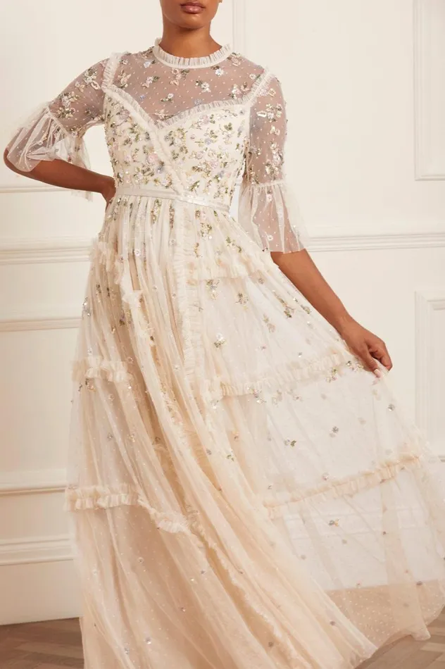 Women Embellished Dresses Needle and Thread Shimmer Ditsy Long Sleeve Gown Champagne